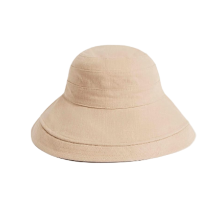 Beige sun hat with features highlighted on a light gray background