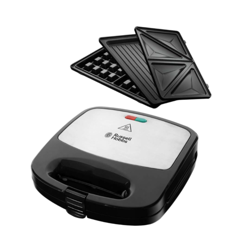 Black and white sandwich maker with waffle and grilling plates on a WHITE screen.