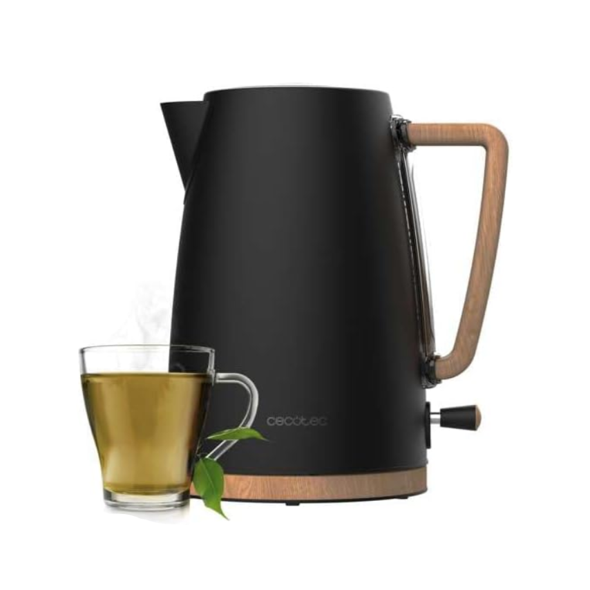 Black electric kettle with wooden handle on a white background