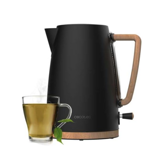 Black electric kettle with wooden handle on a white background