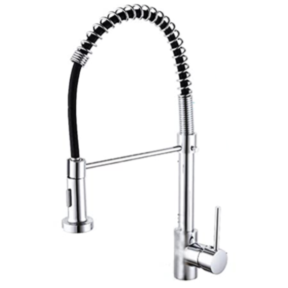 Chrome kitchen faucet with a flexible hose on a white background