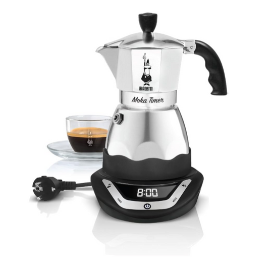 Electric coffee maker with a glass carafe and digital display on a white background