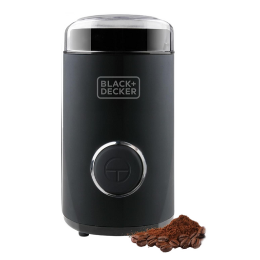 Black coffee grinder with 'Black+Decker' branding on a white background