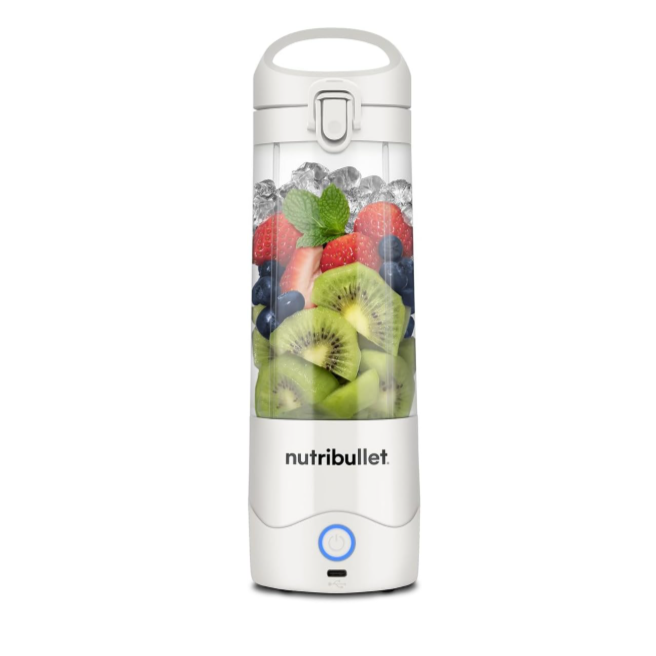 Nutribullet blender with fruits on a white page