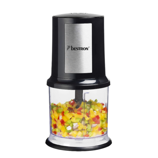 Bestron food chopper with chopped vegetables on a black background