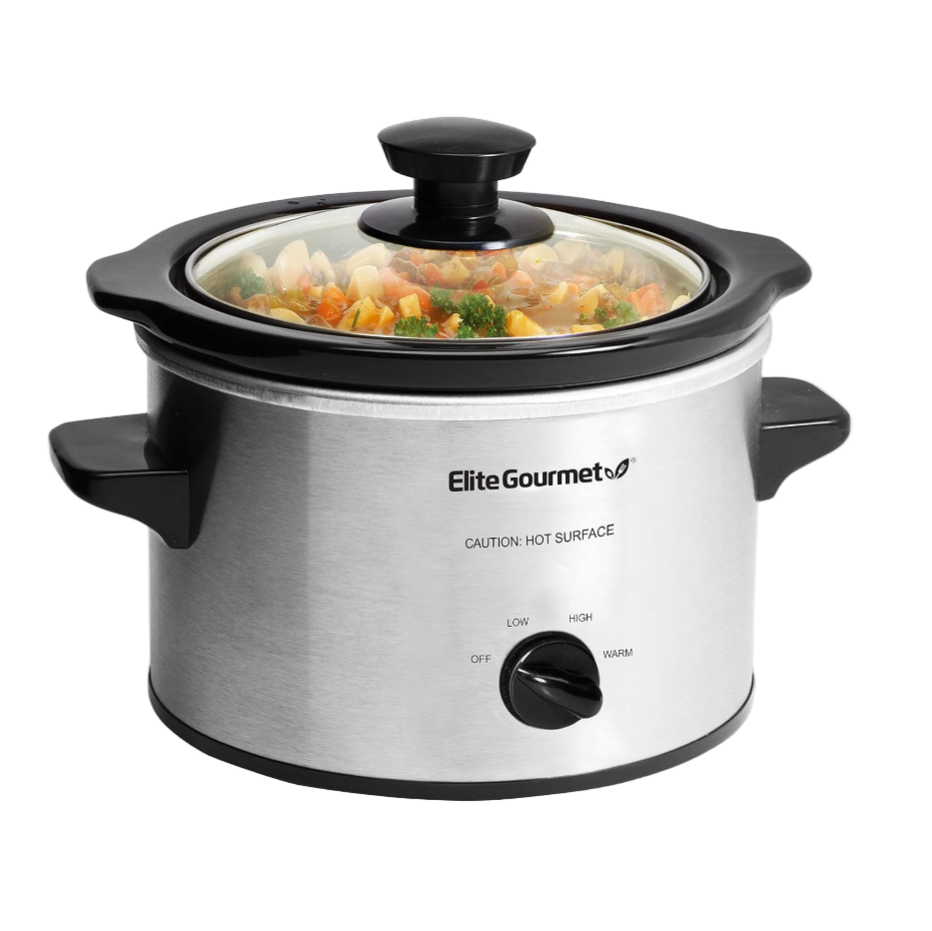 Stainless steel slow cooker with food inside on a white background
