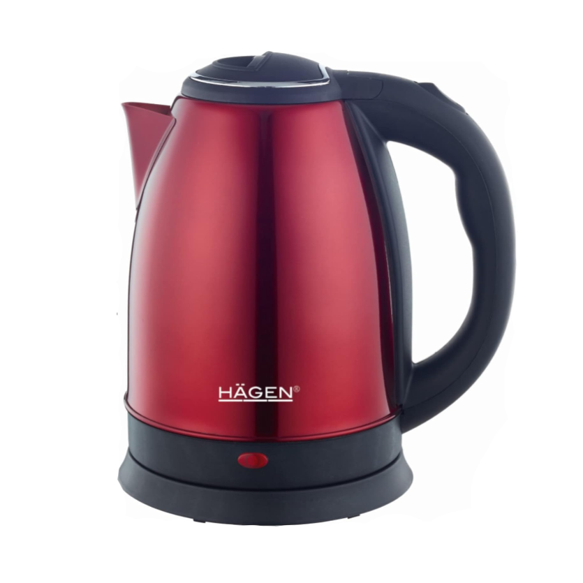 Red electric kettle with black handle on a white background