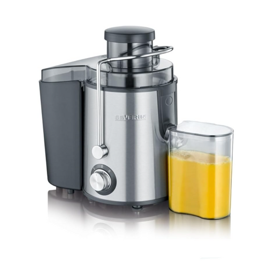 Stainless steel juicer with a glass of orange juice on an white background