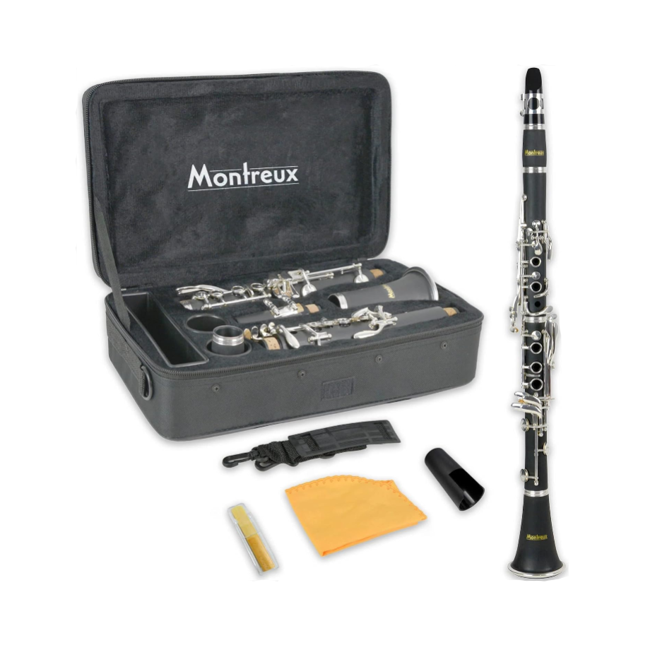 Clarinet set with case and accessories on a white background, featuring the Montreux brand.