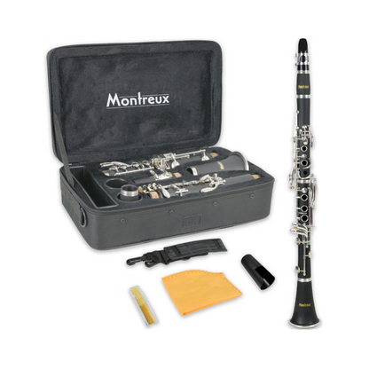 Clarinet set with case and accessories on a white background, featuring the Montreux brand.