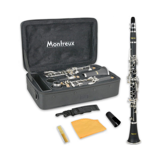 Clarinet set with case and accessories on a white background, featuring the Montreux brand.