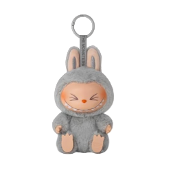 Plush keychain in the shape of a cartoon character with a neutral expression on a white background