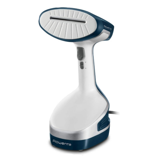 White and blue fabric steamer with 'Rowenta' branding on a white background
