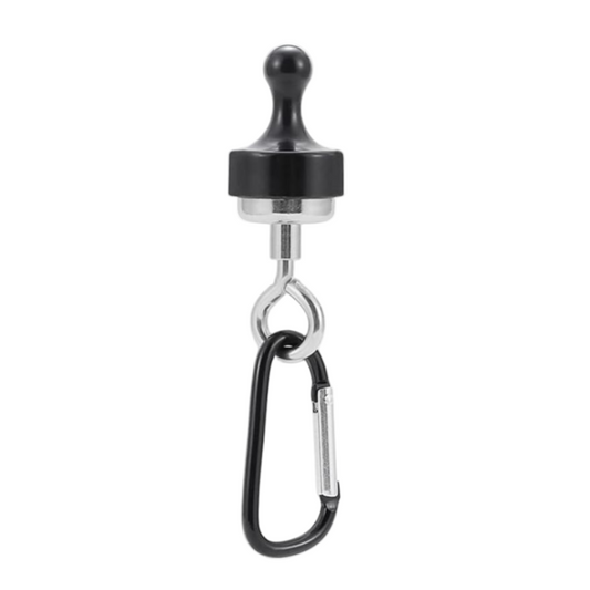 Heavy-duty magnetic hook with carabiner on a white screen