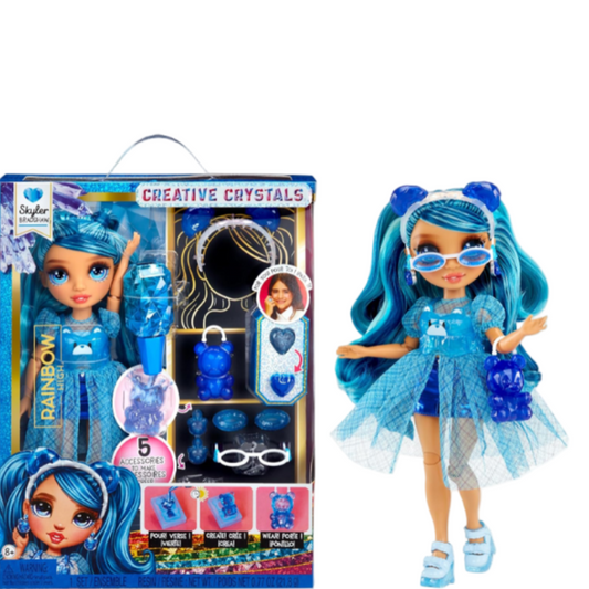 Blue doll with accessories and packaging on a white screen