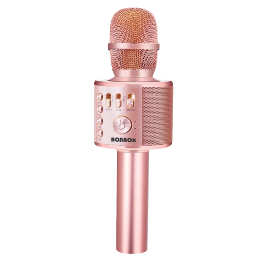 Rose gold microphone on a white background