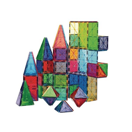 Colorful magnetic building blocks stacked on a white background