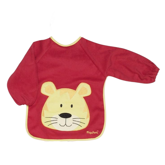 Red baby bib with a cartoon character on a white background