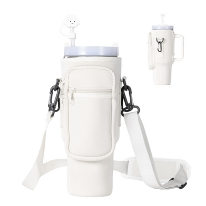 White insulated drink carrier with cup holder on a white background