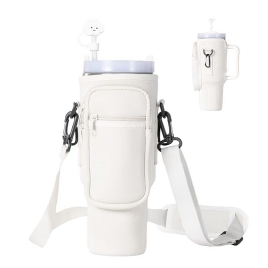 White insulated drink carrier with cup holder on a white background