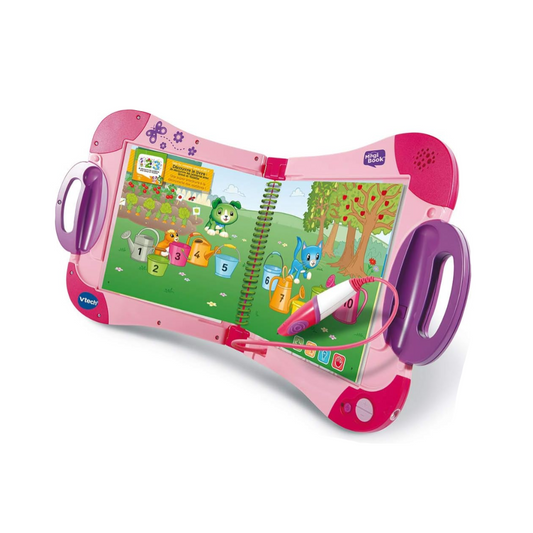 Pink children's learning tablet on a white screen with interface elements.