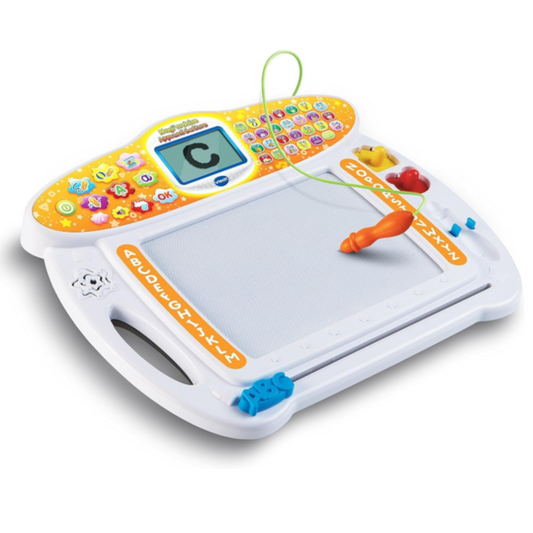 Children's educational toy with a digital display and writing board on a white background