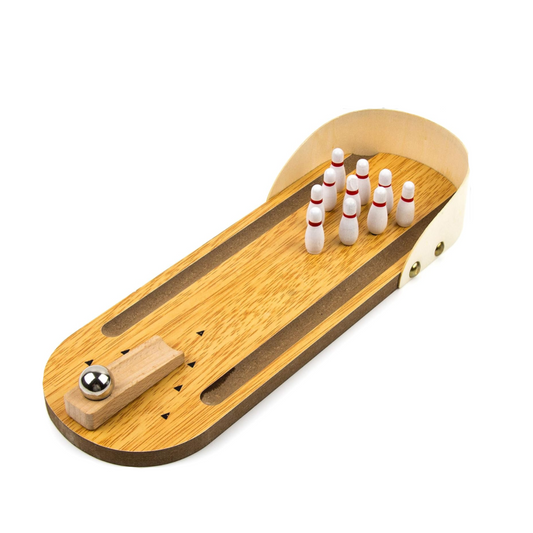 Wooden bowling set with pins on a white background