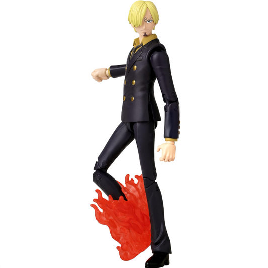 Action figure with a character in a black outfit with gold buttons, standing on a red flame-like base.