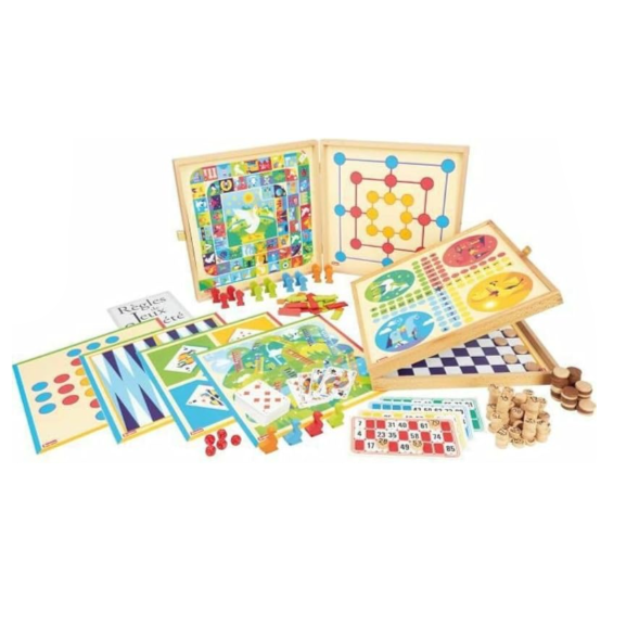 Multigame set with various games and wooden tokens on a website page.