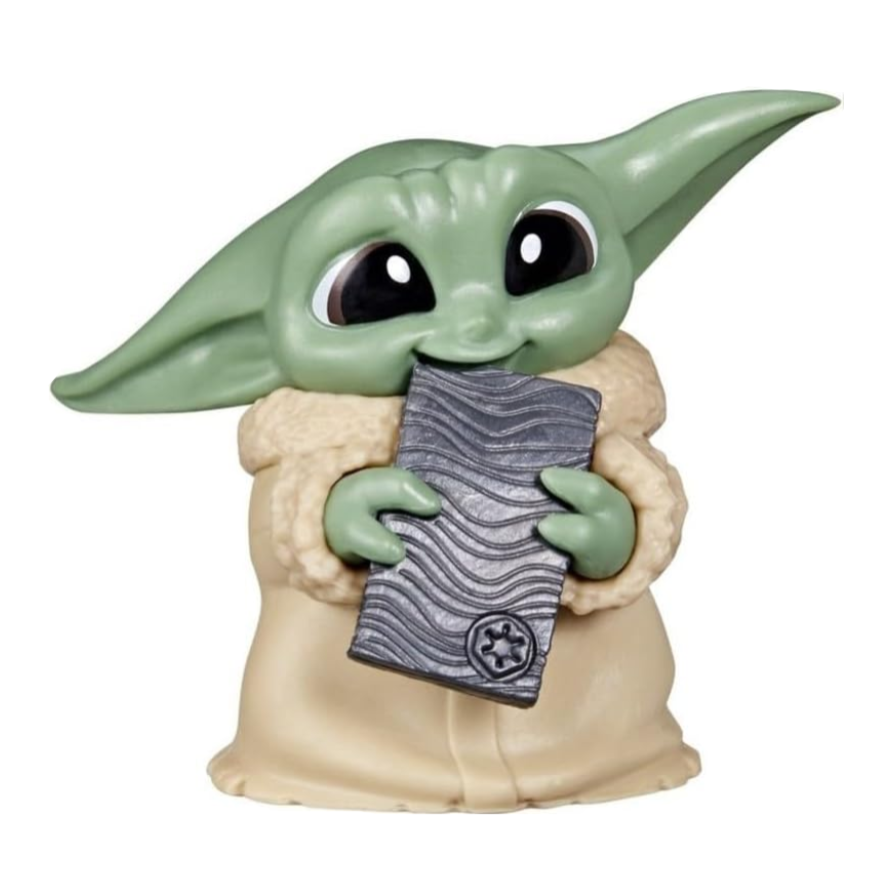 Green alien-like figure holding a book on a white background