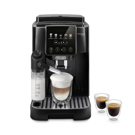 Black coffee machine with a glass of coffee and two cups on a white background