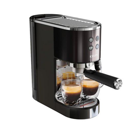 Black espresso machine with two glasses of coffee on a white background