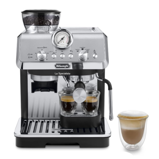 De'Longhi espresso machine with a glass of coffee on a white background