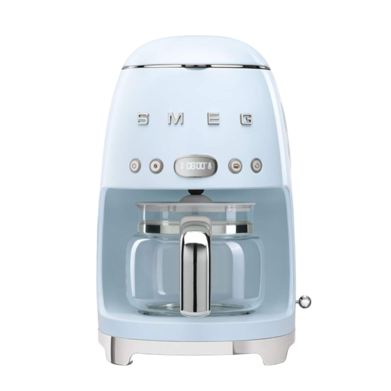 Light blue coffee machine with SMEG branding on a white background