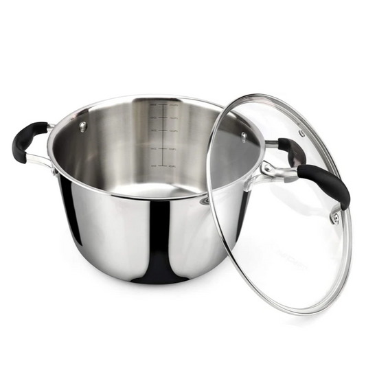 Stainless steel pot with lid on a white background, featuring the Avacraft brand.