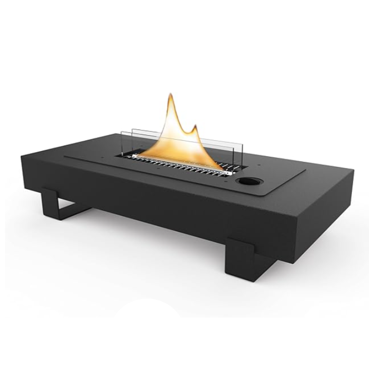 Modern black fire pit table with flames on a white background
