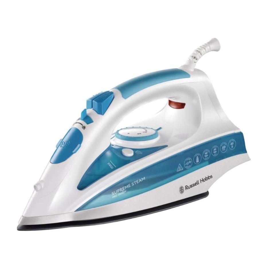 Blue and white steam iron on a white screen