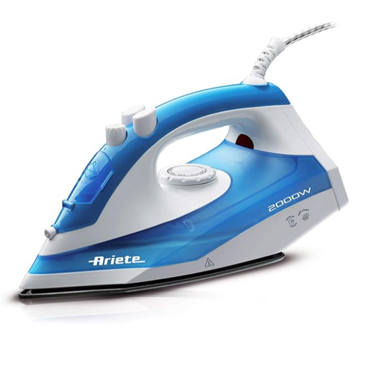 Blue and white Ariete steam iron on a white background