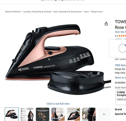 TOWER Cordless CeraGlide Steam Iron Black Rose Gold 2400W - Gomix Brands Outlet