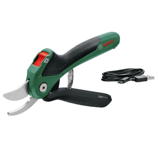 Electric pruning shears with packaging and cable on a white background