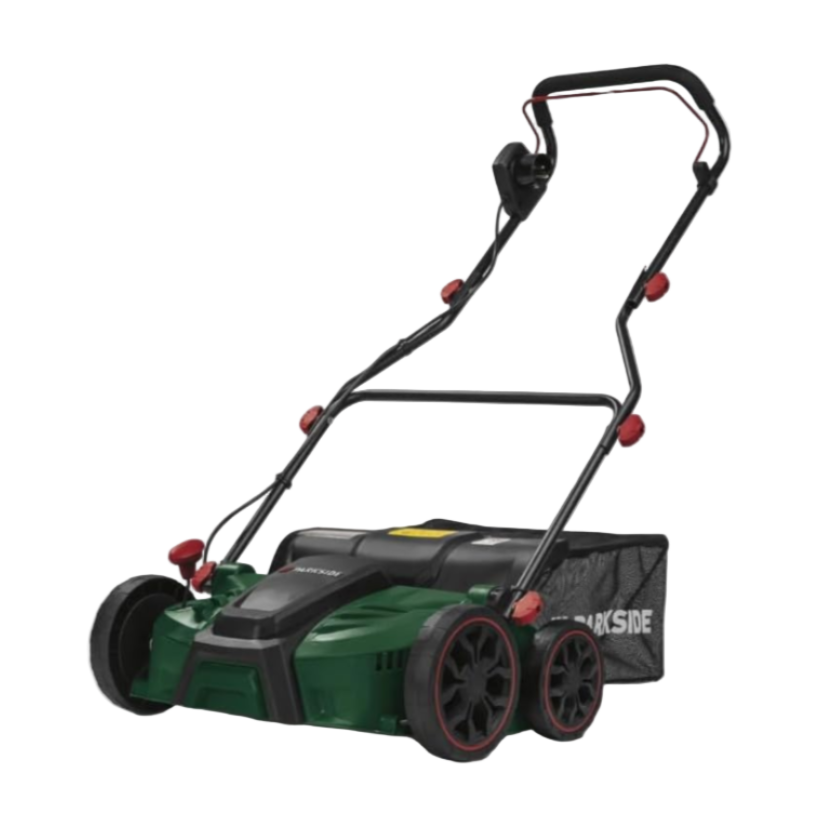 Green and black lawn mower on a white background