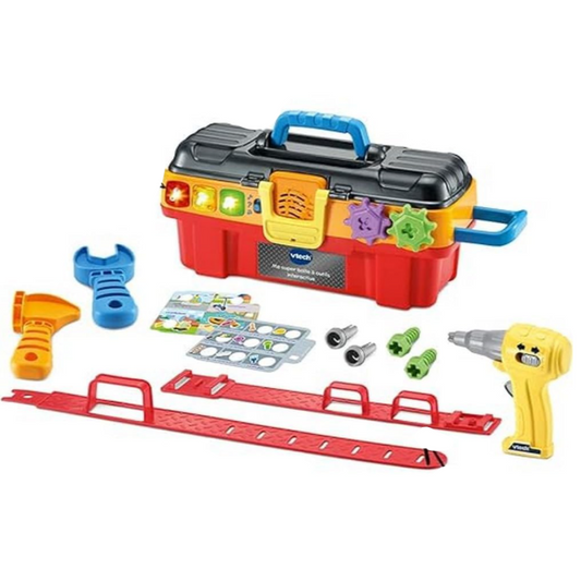 Toy tool set with toolbox, tools, and accessories on a white background