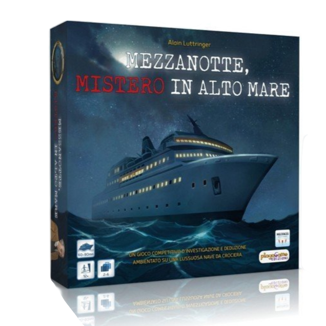 Board game box titled 'Mezzanotte, Mistero in Alto Mare' with a ship illustration on a whitebackground.