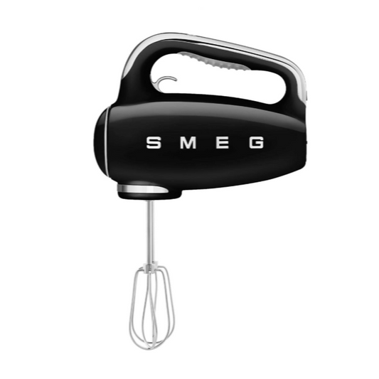 Black SMEG hand mixer on a product page with visible branding and product details.