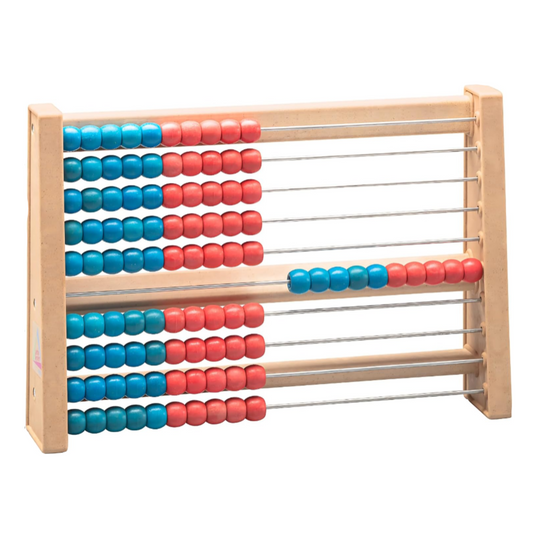 Wooden abacus with colored beads on a white screen