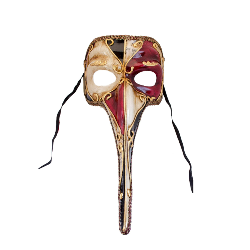 Decorative mask with red, gold, and white design on a white background