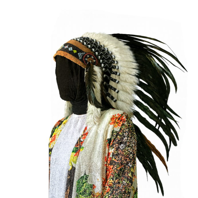 Traditional headdress with feathers and colorful patterns on a white background