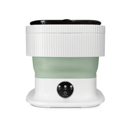 White and green portable washing machine a white background 
