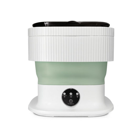 White and green portable washing machine a white background 