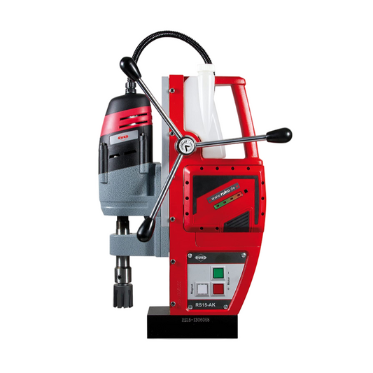 Red and gray drill press on a white background
